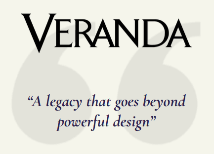 Text graphic featuring the word "Veranda" and a quote about design legacy.